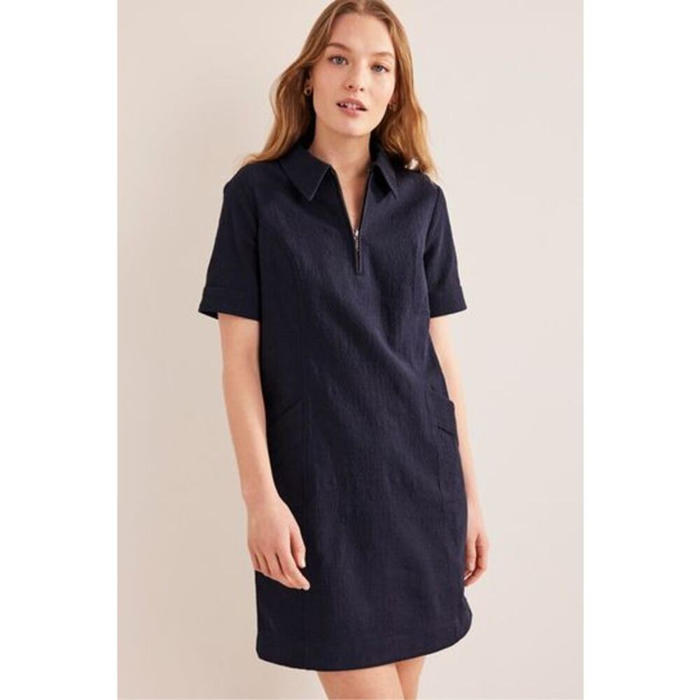 boden | navy blue zip detail pockets collared cotton mini shift dress sz 10